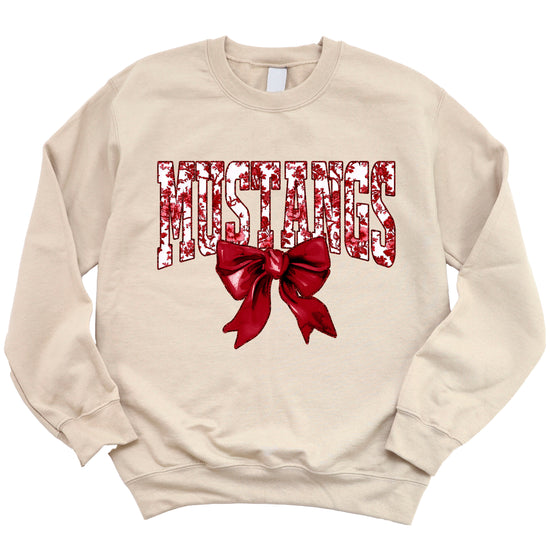 Maroon floral MUSTANGS coquette bow game day crewneck sweatshirt for women, Sand sweatshirt, view 3