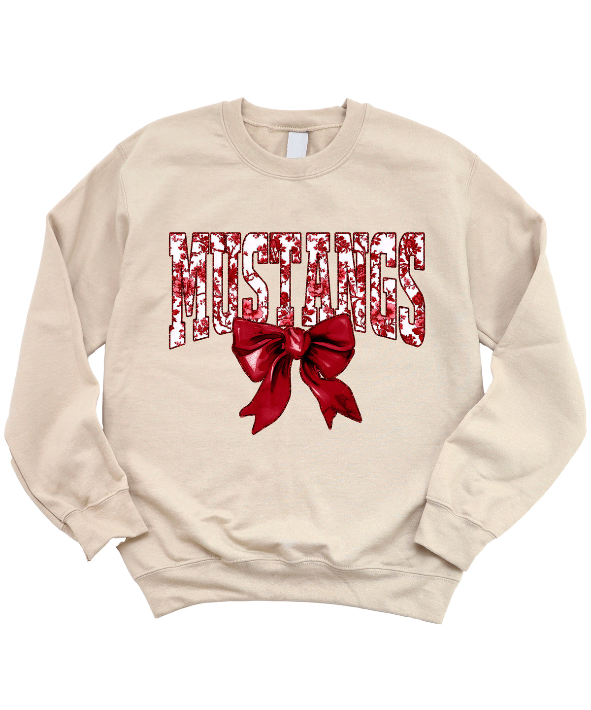 Maroon floral MUSTANGS coquette bow game day crewneck sweatshirt for women, Sand sweatshirt, view 3
