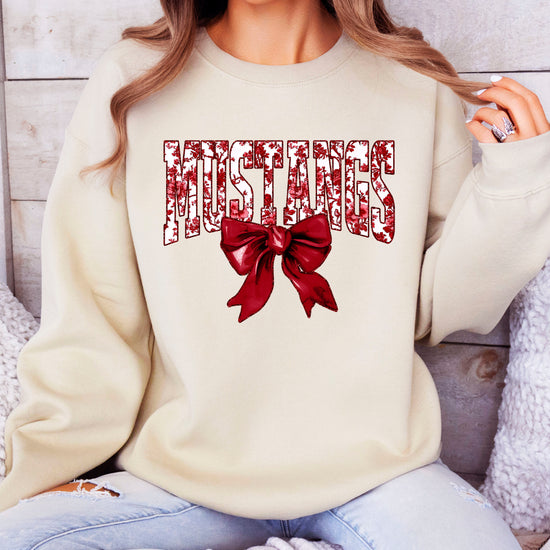Maroon floral MUSTANGS coquette bow game day crewneck sweatshirt for women, Sand sweatshirt, view 4