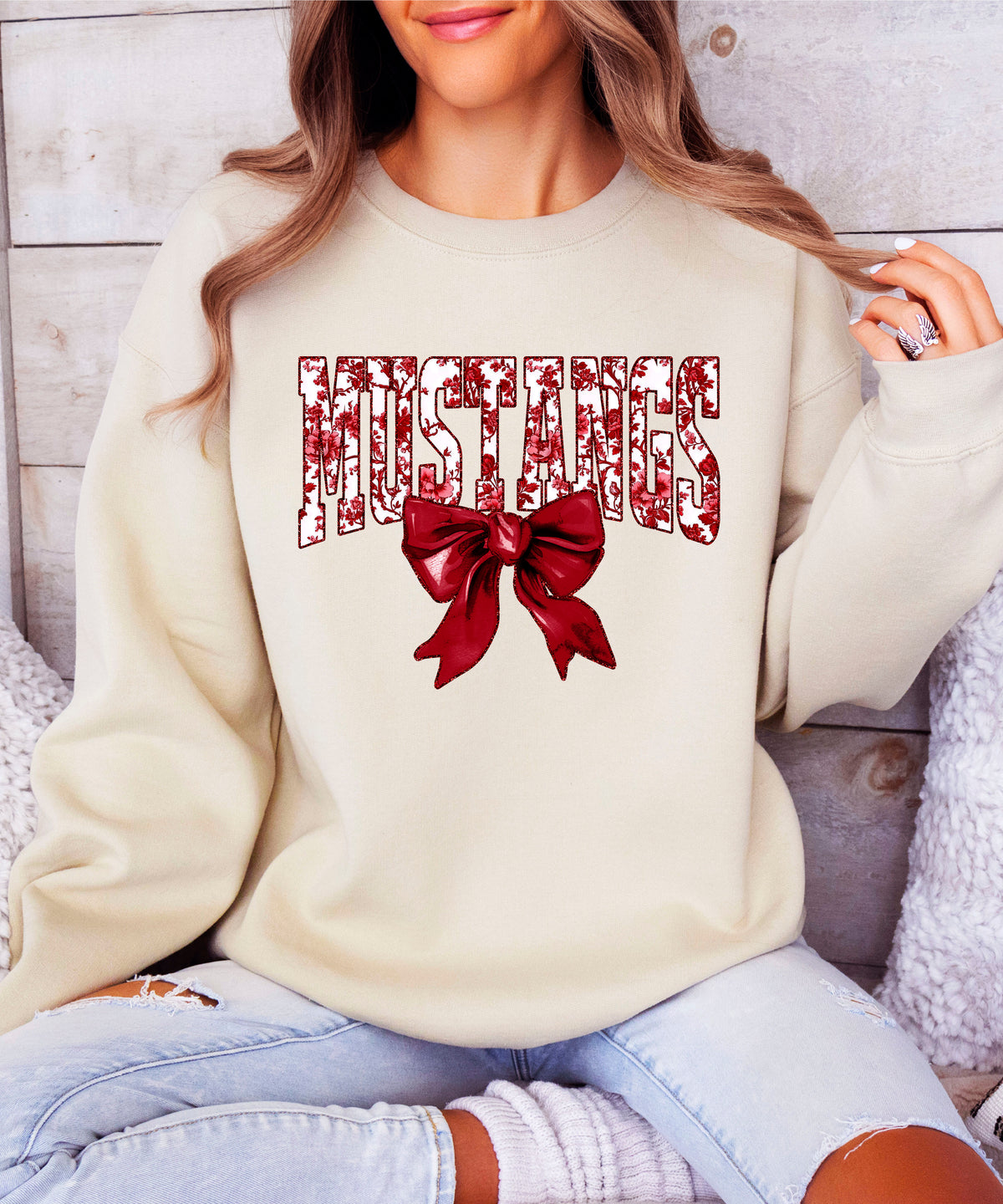 Maroon floral MUSTANGS coquette bow game day crewneck sweatshirt for women, Sand sweatshirt, view 4