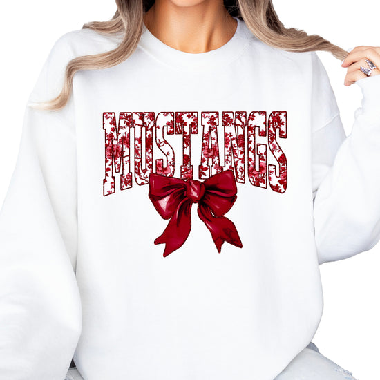 Maroon floral MUSTANGS coquette bow game day crewneck sweatshirt for women, White sweatshirt, view 1