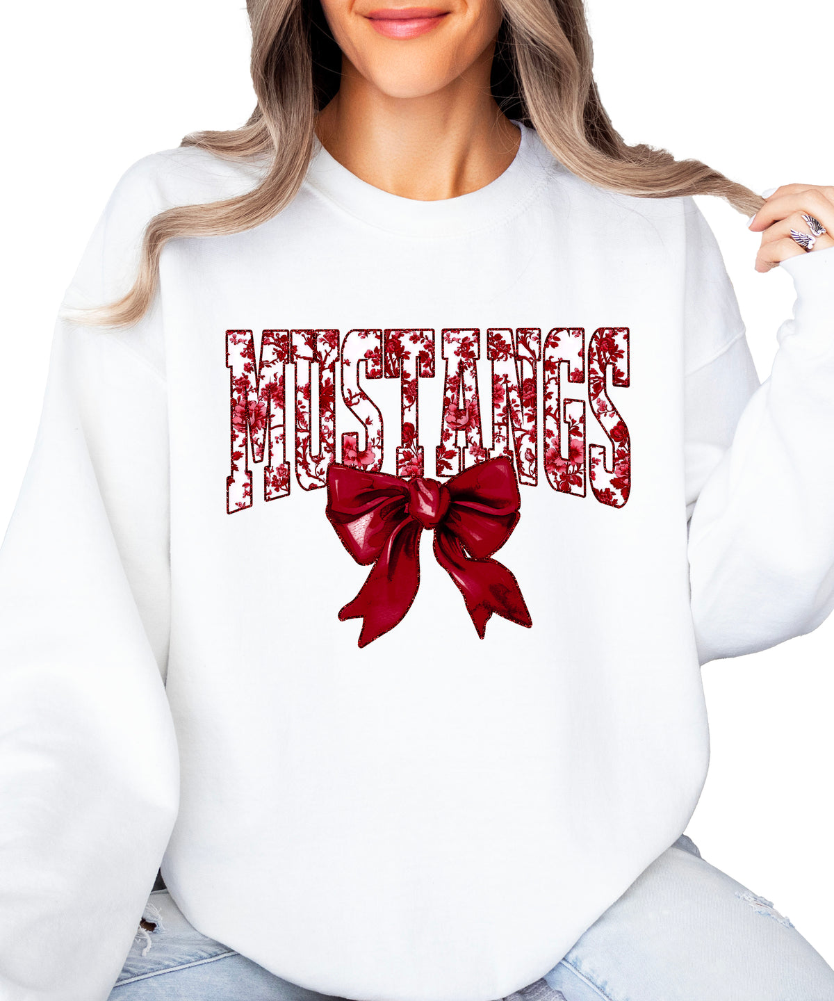 Maroon floral MUSTANGS coquette bow game day crewneck sweatshirt for women, White sweatshirt, view 1