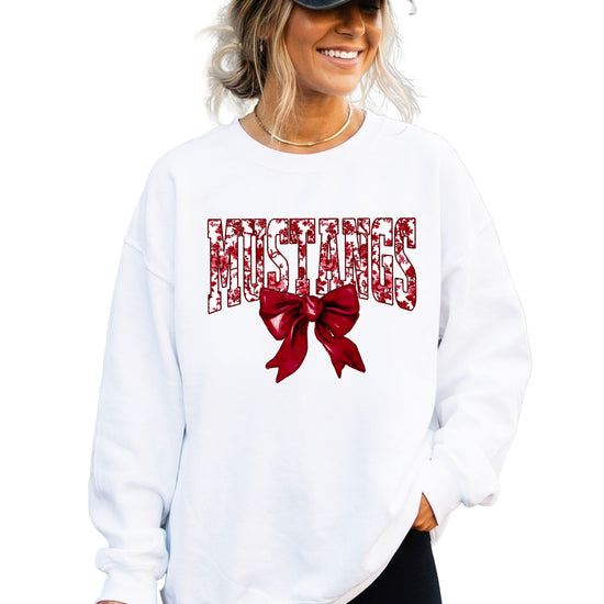 Maroon floral MUSTANGS coquette bow game day crewneck sweatshirt for women, White sweatshirt, view 2