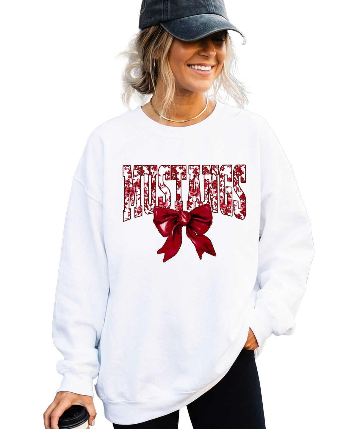 Maroon floral MUSTANGS coquette bow game day crewneck sweatshirt for women, White sweatshirt, view 2