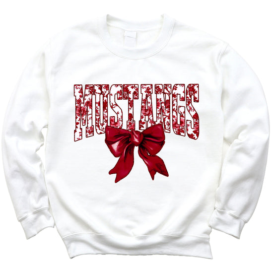 Maroon floral MUSTANGS coquette bow game day crewneck sweatshirt for women, White sweatshirt, view 3