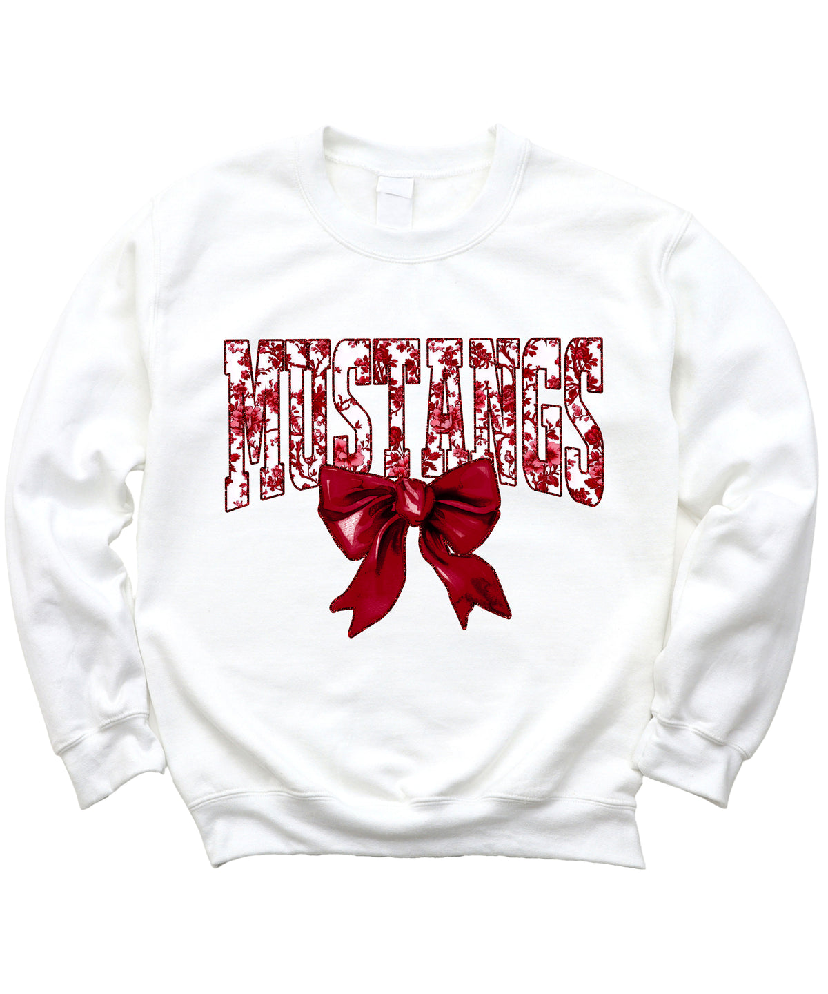 Maroon floral MUSTANGS coquette bow game day crewneck sweatshirt for women, White sweatshirt, view 3