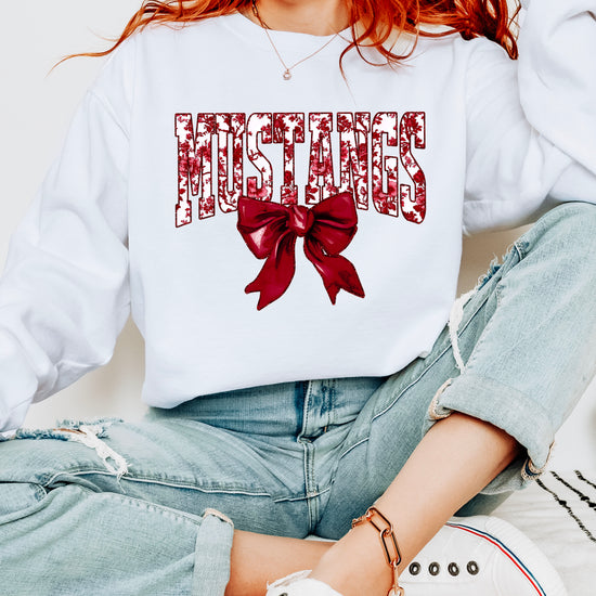 Maroon floral MUSTANGS coquette bow game day crewneck sweatshirt for women, White sweatshirt, view 4