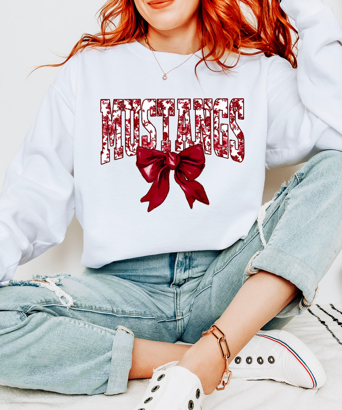 Maroon floral MUSTANGS coquette bow game day crewneck sweatshirt for women, White sweatshirt, view 4