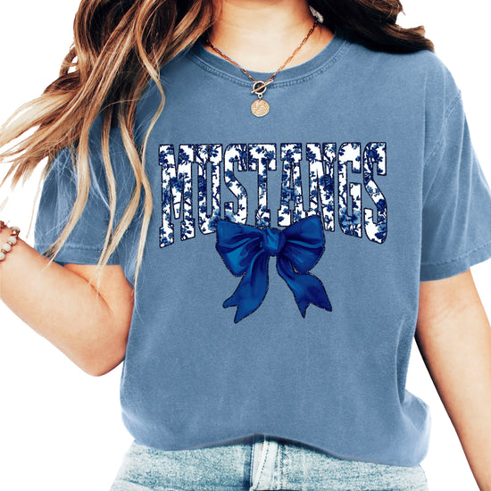 Mustangs navy floral coquette bow shirt, Blue Jean Comfort Colors tee, front