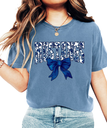 Mustangs navy floral coquette bow shirt, Blue Jean Comfort Colors tee, front