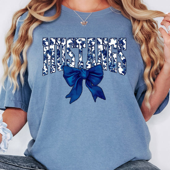 Mustangs navy floral coquette bow shirt, Blue Jean, view 2