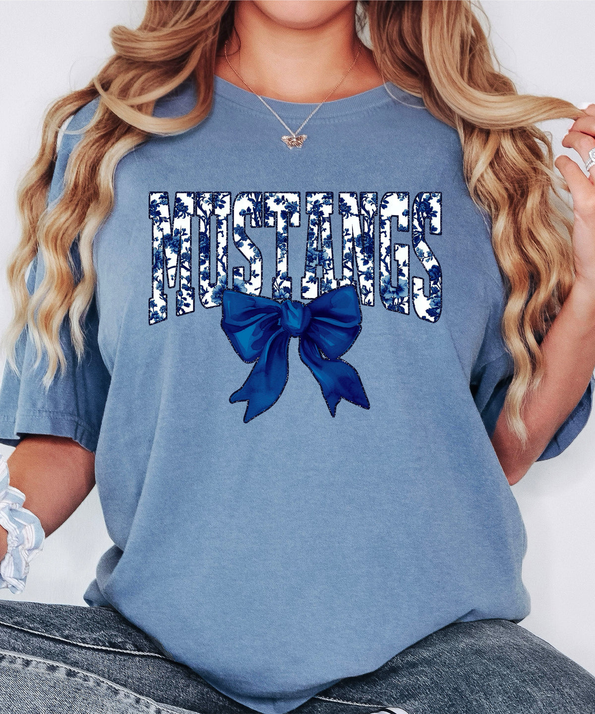 Mustangs navy floral coquette bow shirt, Blue Jean, view 2