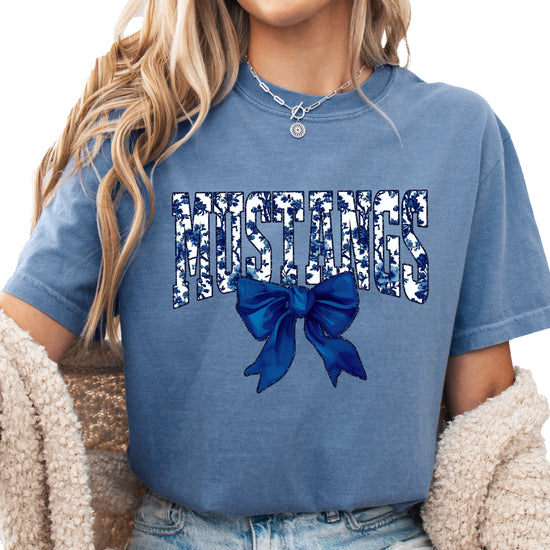 Mustangs navy floral coquette bow shirt, Blue Jean, view 3