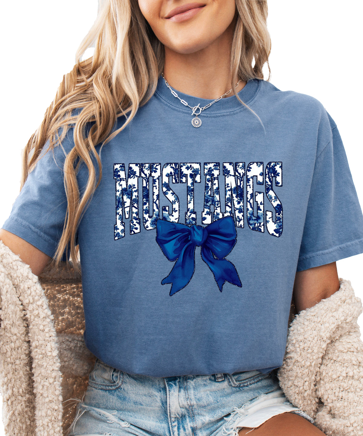 Mustangs navy floral coquette bow shirt, Blue Jean, view 3