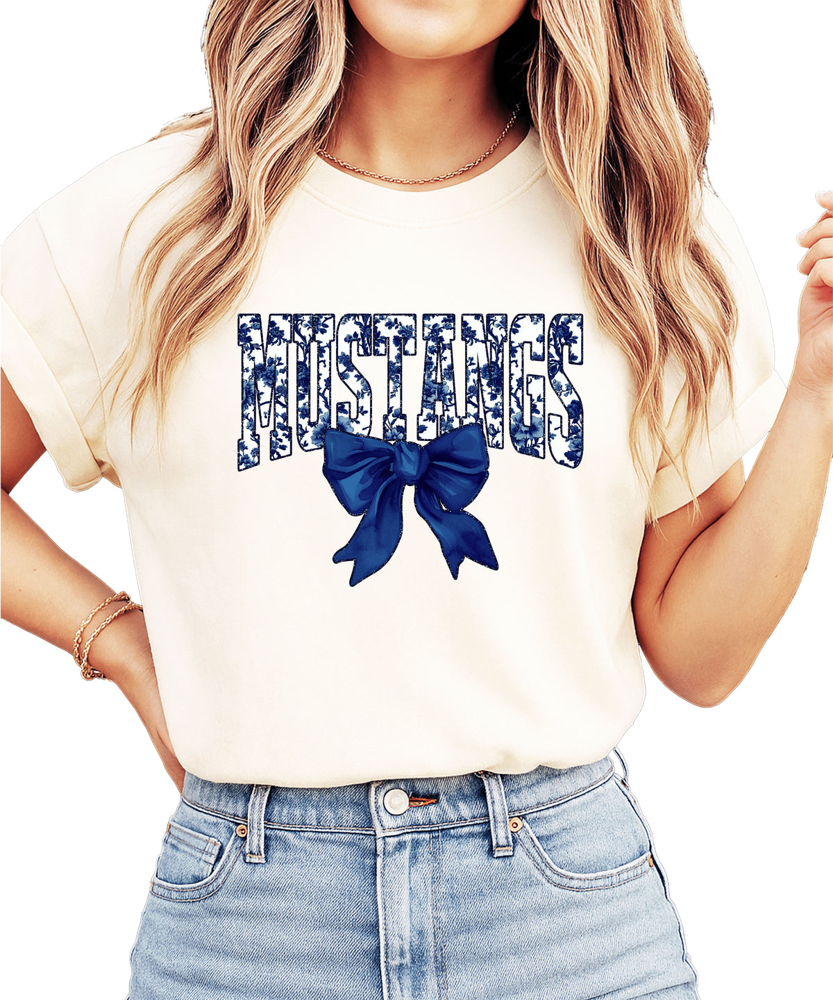 Mustangs navy floral coquette bow shirt, Ivory Comfort Colors tee, front