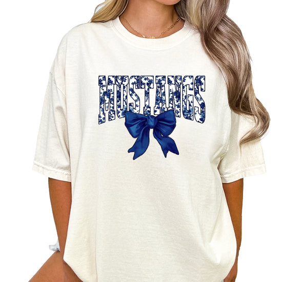 Mustangs navy floral coquette bow shirt, Ivory, view 2