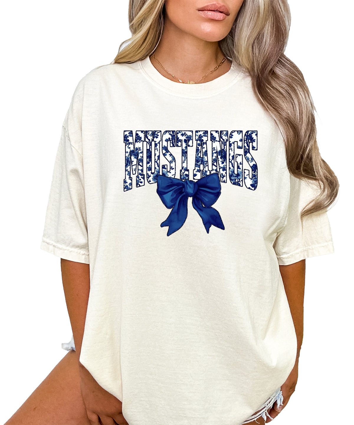Mustangs navy floral coquette bow shirt, Ivory, view 2