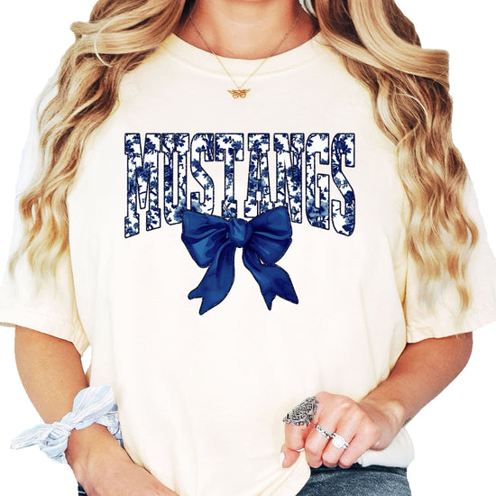 Mustangs navy floral coquette bow shirt, Ivory, view 3