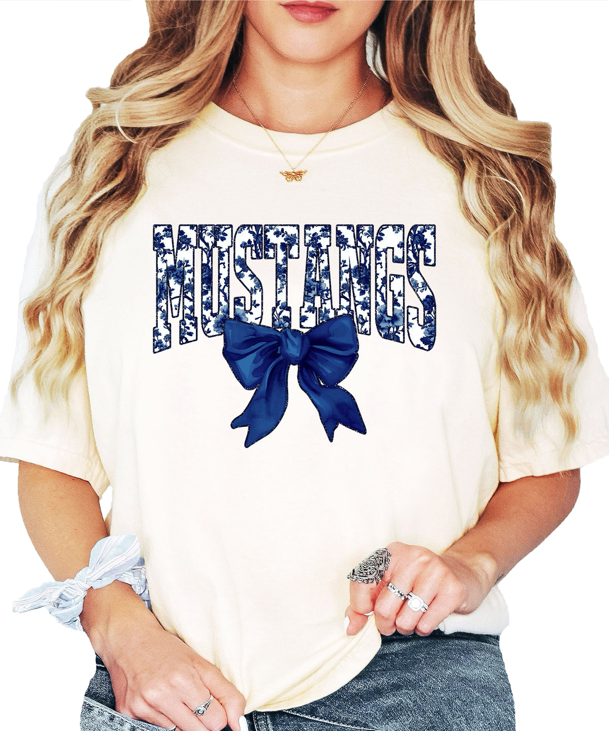 Mustangs navy floral coquette bow shirt, Ivory, view 3
