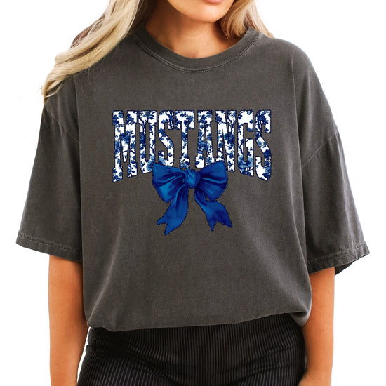 Mustangs navy floral coquette bow shirt, Pepper Comfort Colors tee, front