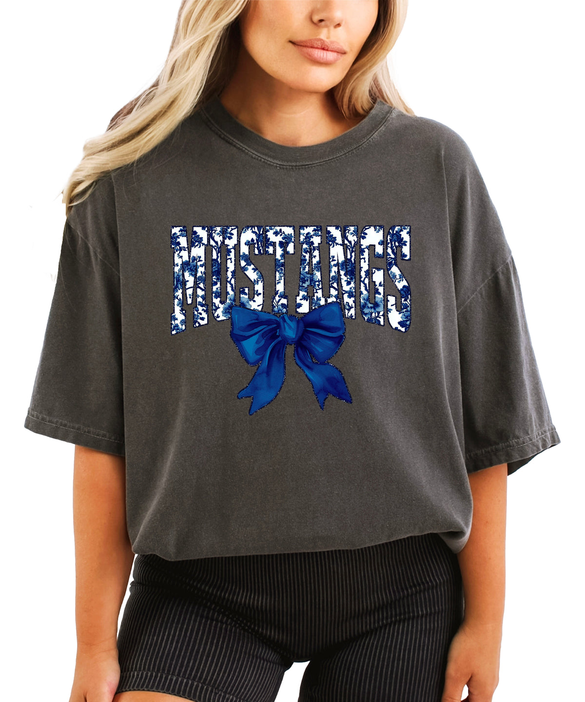 Mustangs navy floral coquette bow shirt, Pepper Comfort Colors tee, front