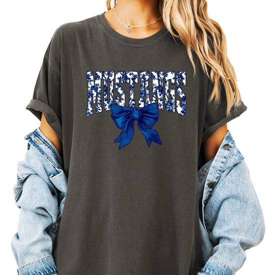 Mustangs navy floral coquette bow shirt, Pepper, view 2