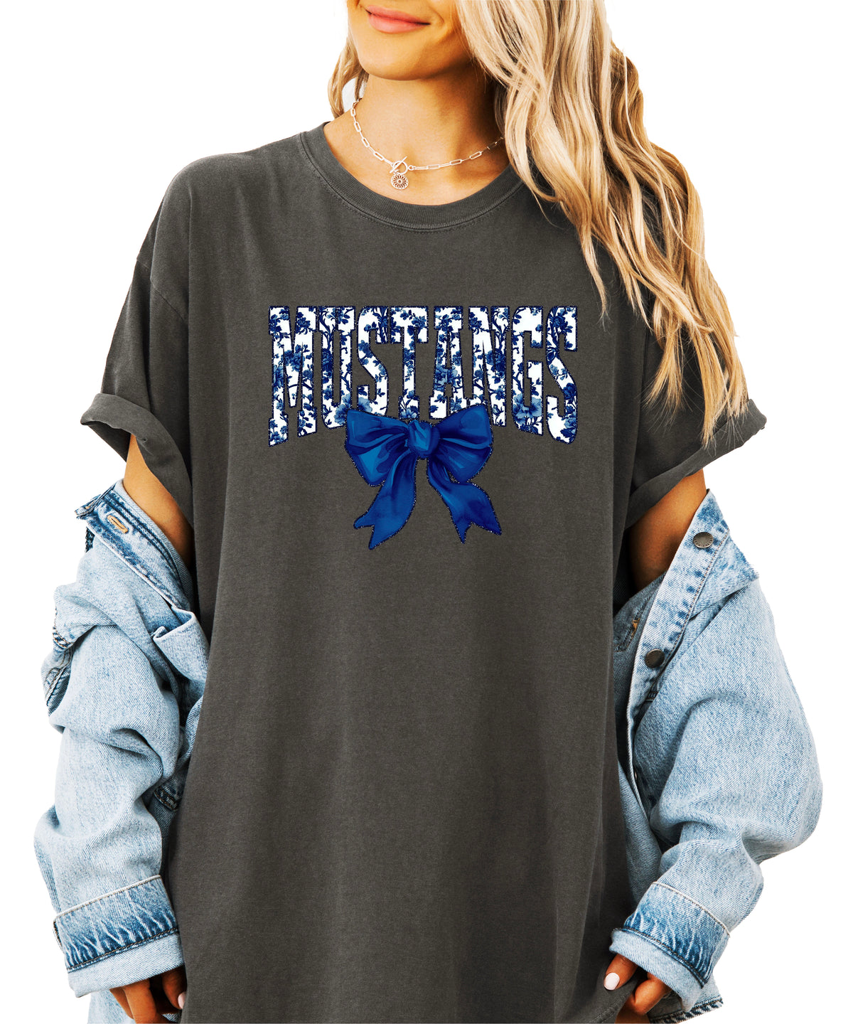 Mustangs navy floral coquette bow shirt, Pepper, view 2