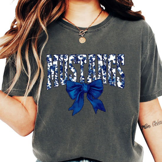 Mustangs navy floral coquette bow shirt, Pepper, view 3