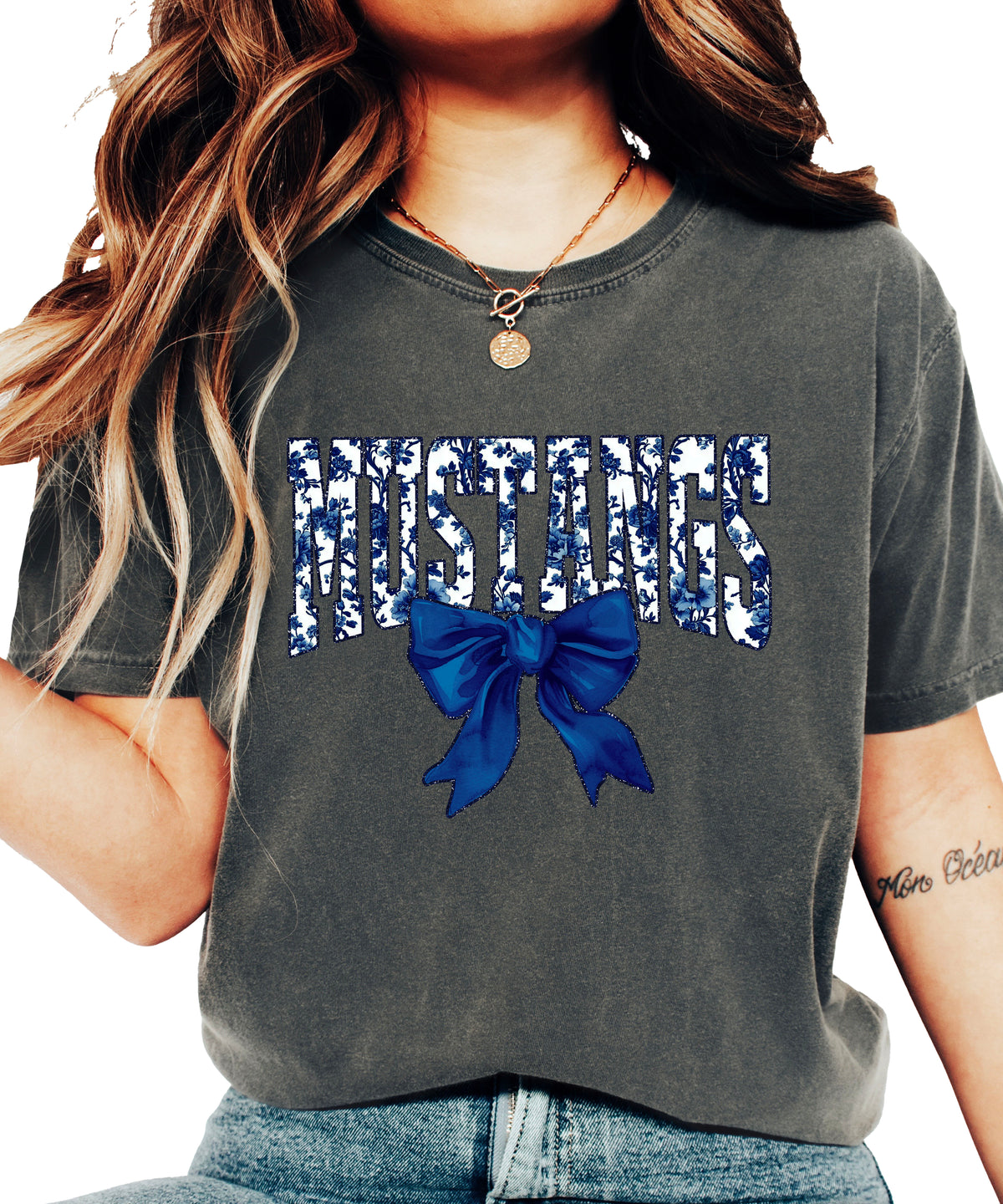 Mustangs navy floral coquette bow shirt, Pepper, view 3