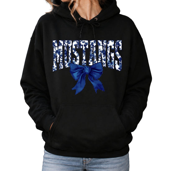 Mustangs floral bow hoodie for women in black, varsity MUSTANGS letters with navy and white floral print and navy bow, image 1
