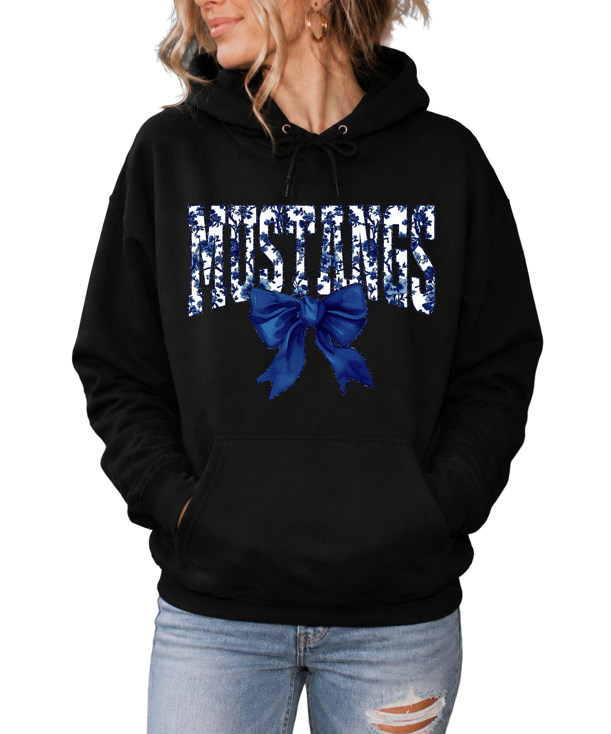 Mustangs floral bow hoodie for women in black, varsity MUSTANGS letters with navy and white floral print and navy bow, image 1