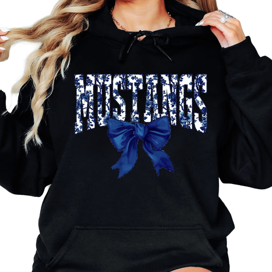 Mustangs floral bow hoodie for women in black, varsity MUSTANGS letters with navy and white floral print and navy bow, image 2