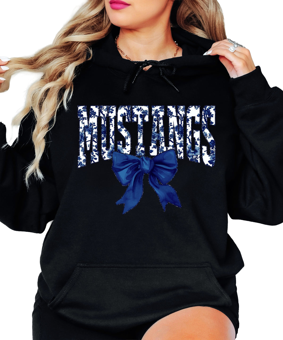 Mustangs floral bow hoodie for women in black, varsity MUSTANGS letters with navy and white floral print and navy bow, image 2