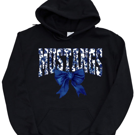 Mustangs floral bow hoodie for women in black, varsity MUSTANGS letters with navy and white floral print and navy bow, image 3