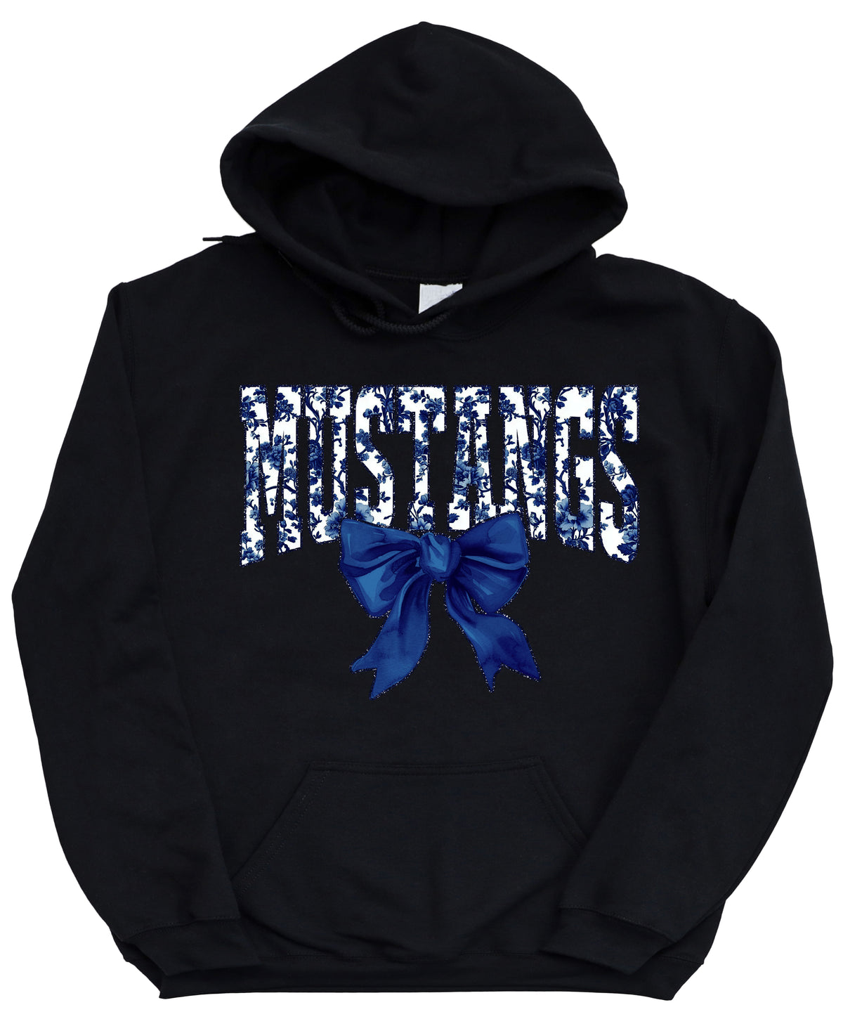 Mustangs floral bow hoodie for women in black, varsity MUSTANGS letters with navy and white floral print and navy bow, image 3