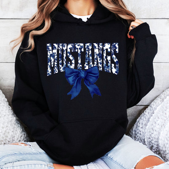 Mustangs floral bow hoodie for women in black, varsity MUSTANGS letters with navy and white floral print and navy bow, image 4