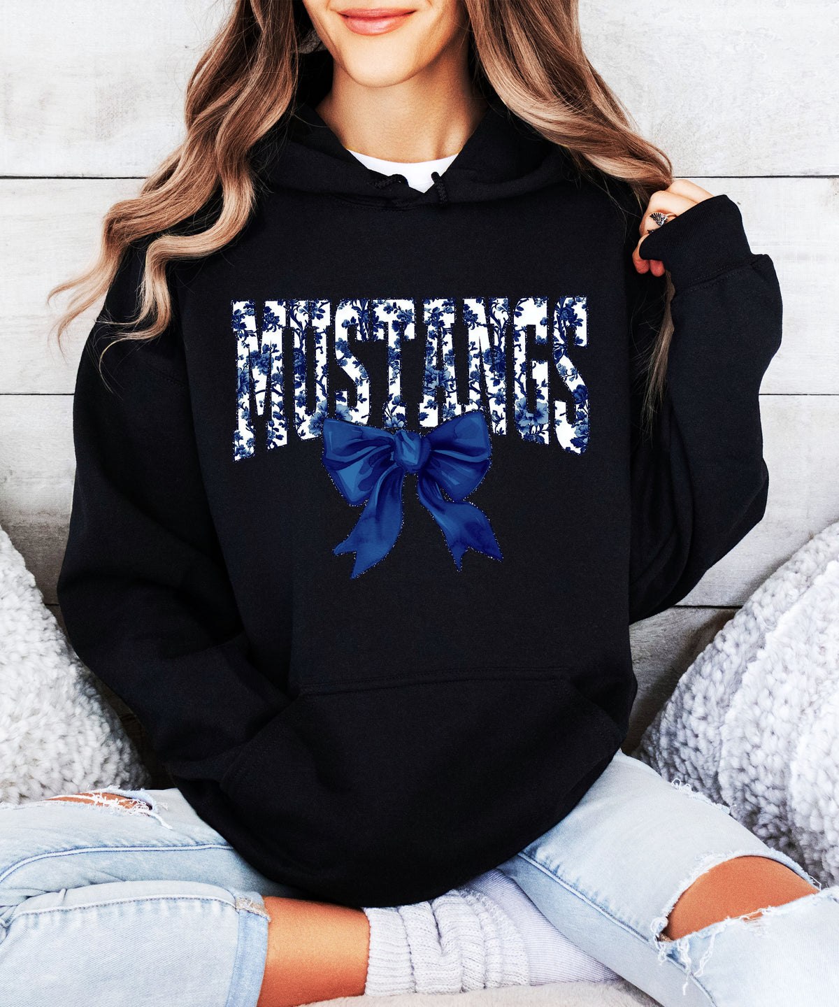 Mustangs floral bow hoodie for women in black, varsity MUSTANGS letters with navy and white floral print and navy bow, image 4