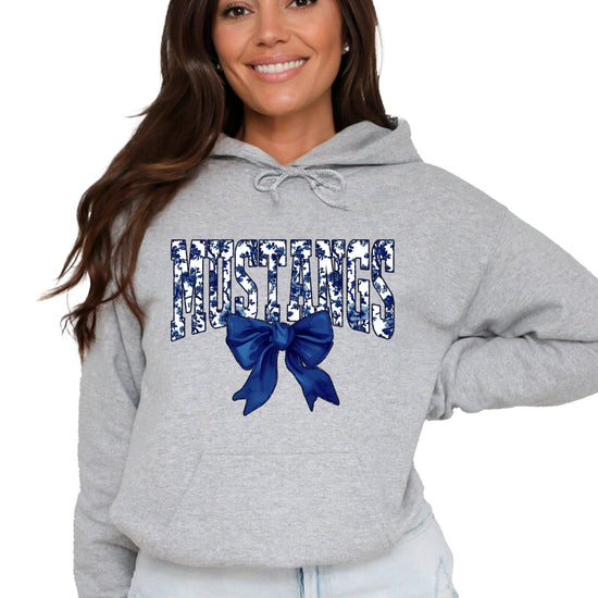 Mustangs floral bow hoodie for women in gray, varsity MUSTANGS letters with navy and white floral print and navy bow, image 1