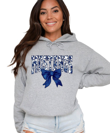 Mustangs floral bow hoodie for women in gray, varsity MUSTANGS letters with navy and white floral print and navy bow, image 1