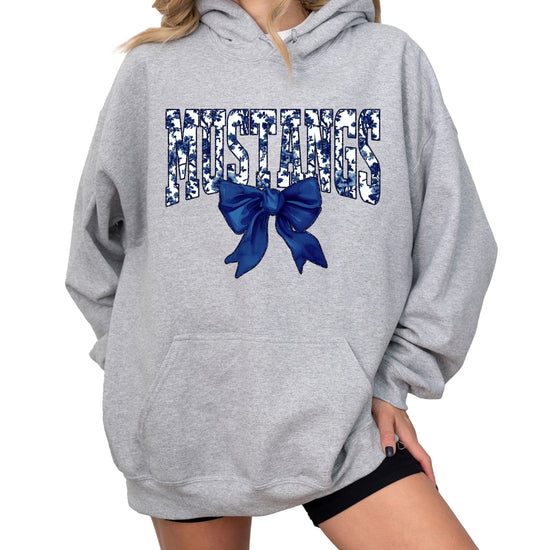 Mustangs floral bow hoodie for women in gray, varsity MUSTANGS letters with navy and white floral print and navy bow, image 2