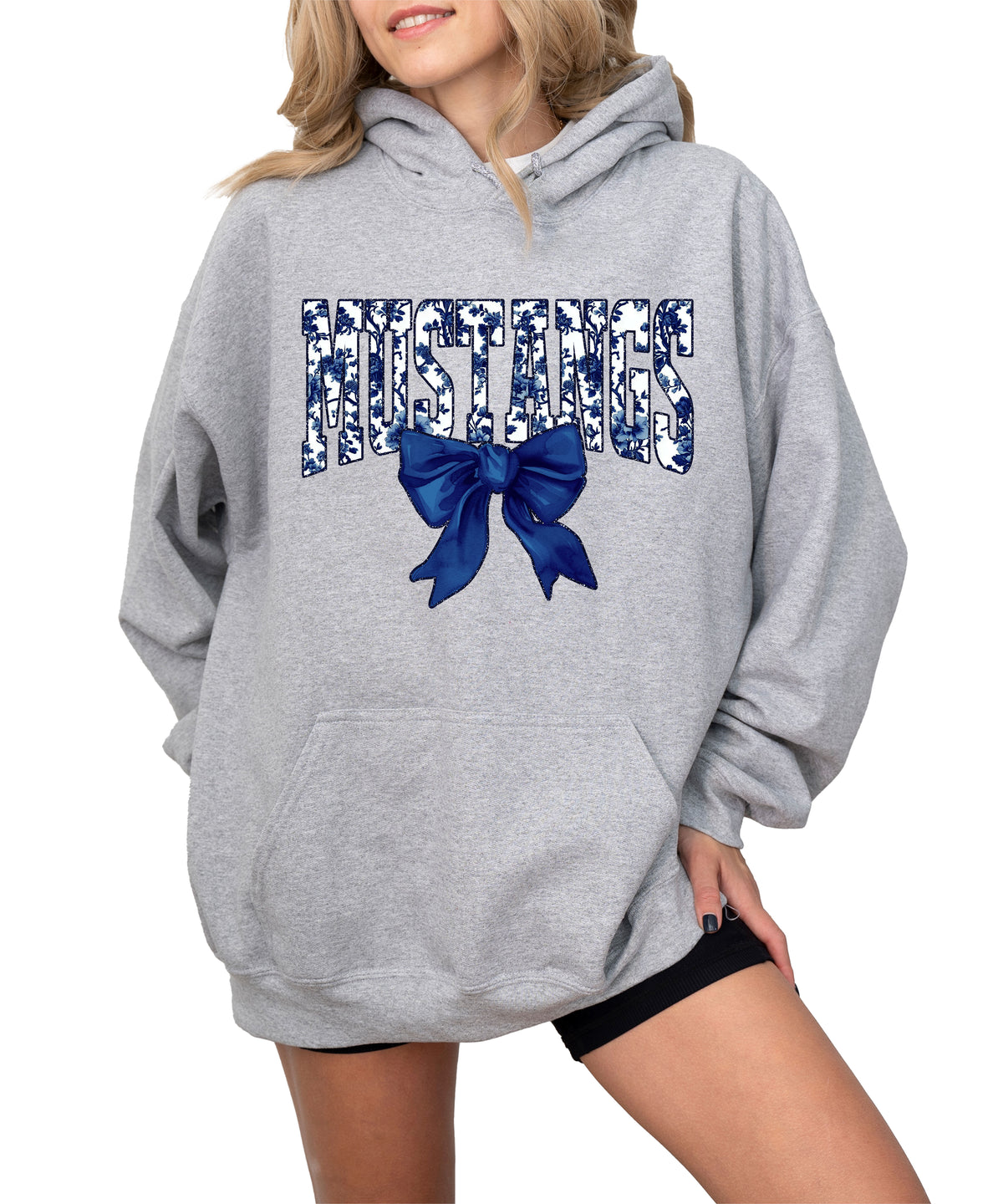 Mustangs floral bow hoodie for women in gray, varsity MUSTANGS letters with navy and white floral print and navy bow, image 2
