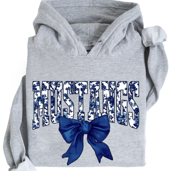 Mustangs floral bow hoodie for women in gray, varsity MUSTANGS letters with navy and white floral print and navy bow, image 3