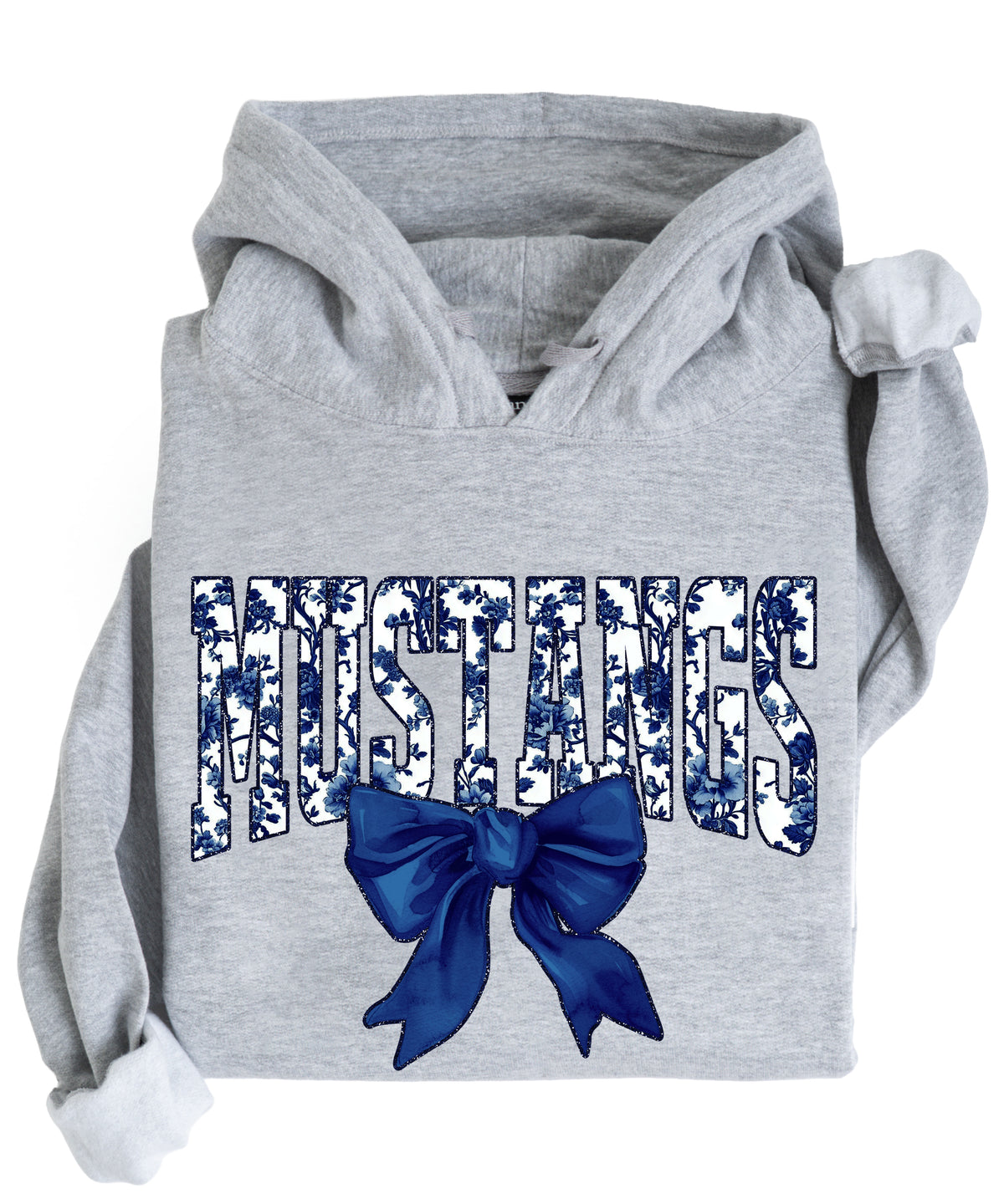 Mustangs floral bow hoodie for women in gray, varsity MUSTANGS letters with navy and white floral print and navy bow, image 3