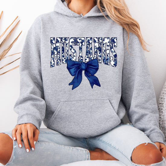 Mustangs floral bow hoodie for women in gray, varsity MUSTANGS letters with navy and white floral print and navy bow, image 4