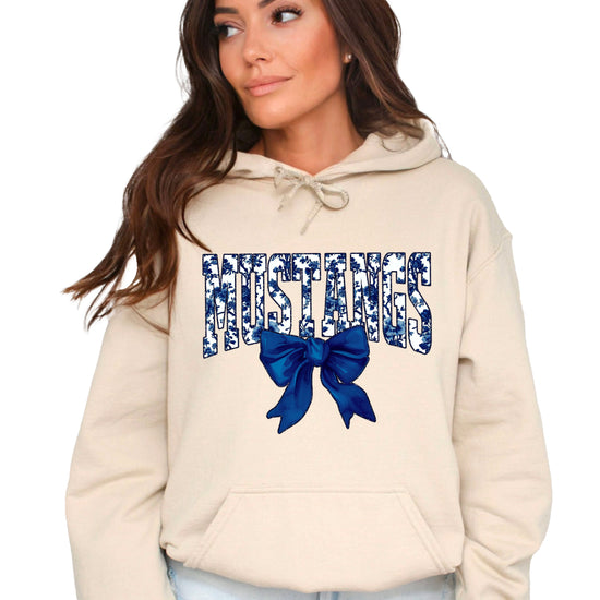 Mustangs floral bow hoodie for women in sand, varsity MUSTANGS letters with navy and white floral print and navy bow, image 2