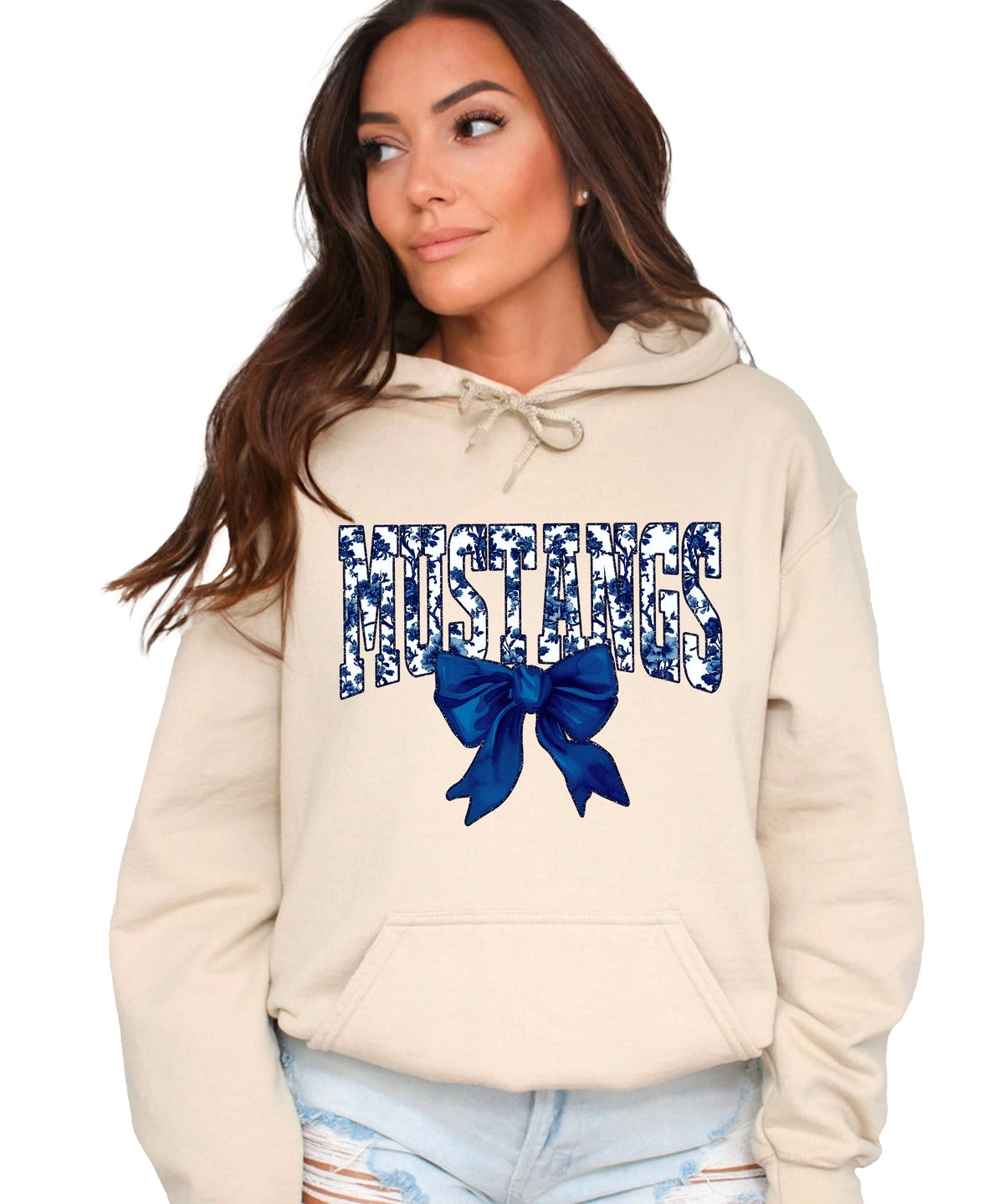 Mustangs floral bow hoodie for women in sand, varsity MUSTANGS letters with navy and white floral print and navy bow, image 2