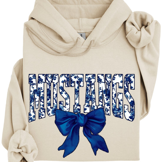Mustangs floral bow hoodie for women in sand, varsity MUSTANGS letters with navy and white floral print and navy bow, image 3