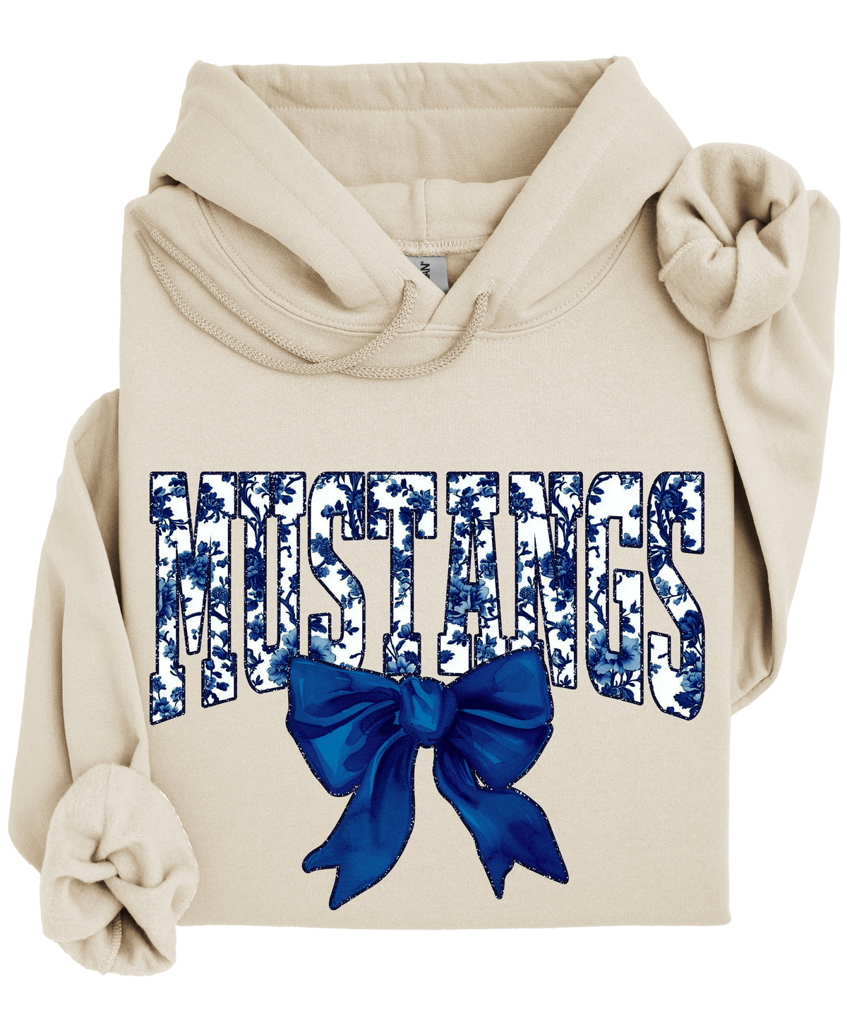 Mustangs floral bow hoodie for women in sand, varsity MUSTANGS letters with navy and white floral print and navy bow, image 3