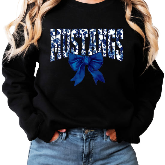 Mustangs navy floral coquette bow crewneck sweatshirt for women, Black, view 1