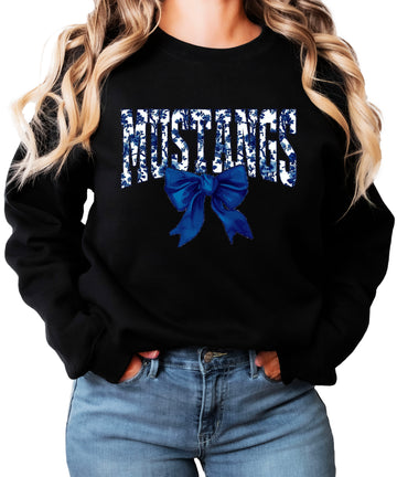Mustangs navy floral coquette bow crewneck sweatshirt for women, Black, view 1